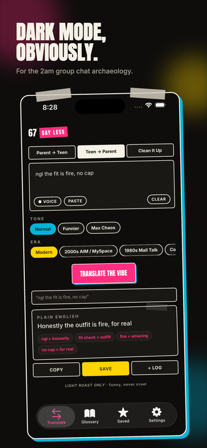 Dark mode translation screen